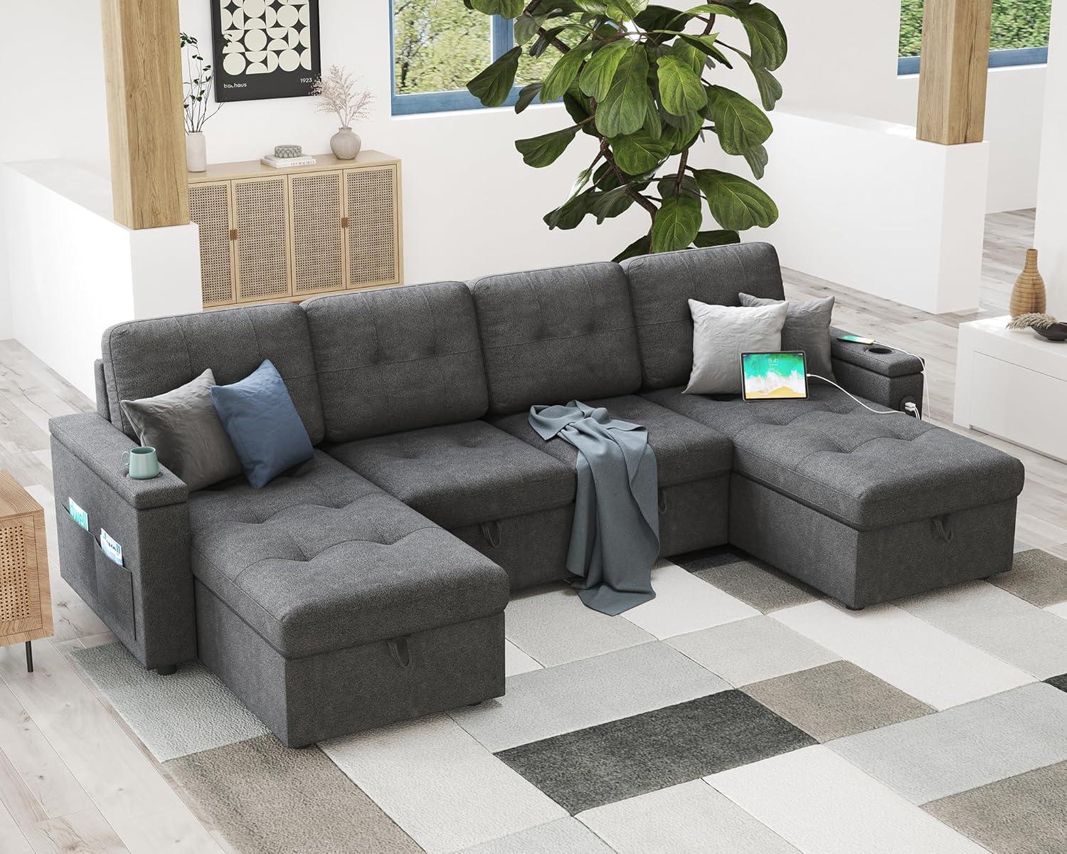 Latitude Run® Pull Out Sofa Bed With 2 USB Ports & Cup Holders, U Shaped Sleeper Sofa Bed With Dual Storage Chaise- Drak Gray