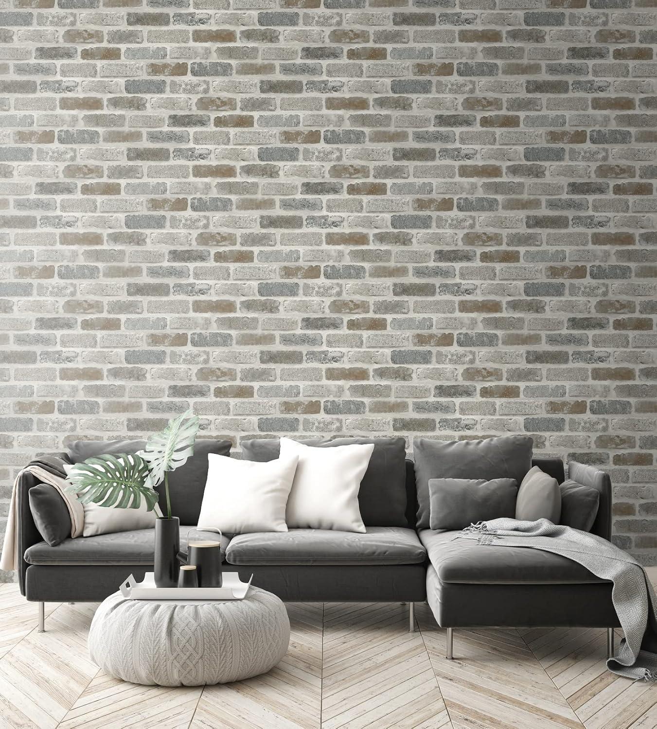 NextWall Faux Washed Brick Peel and Stick Wallpaper: Industrial Vinyl, Self-Adhesive, Repositionable, 30.75 Sq Ft Coverage