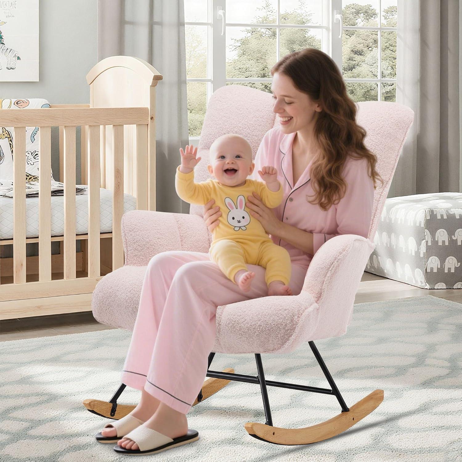 Nursery Rocking Chair Teddy, Upholstered Glider Rocker with High Backrest, Comfortable Stylish Accent Armchair with Padded Seat for Living Rooms, Bedrooms, Offices