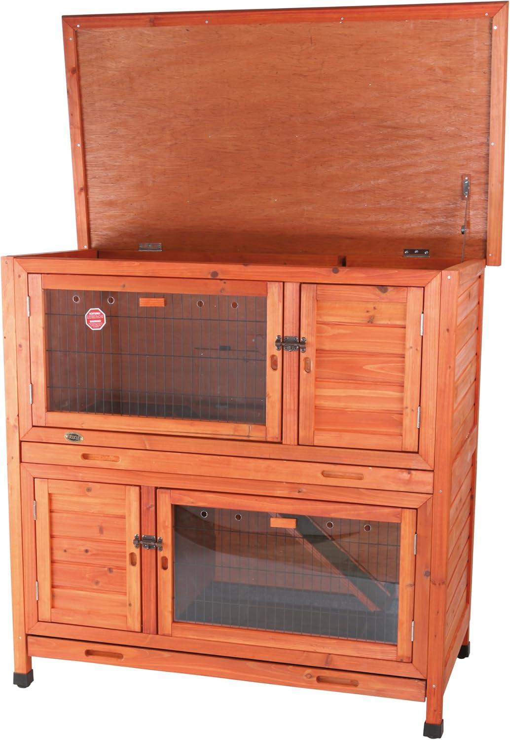 TRIXIE Insulated Outdoor 2-Story Wooden Small Animal Hutch with Windows, Trays, Ramp