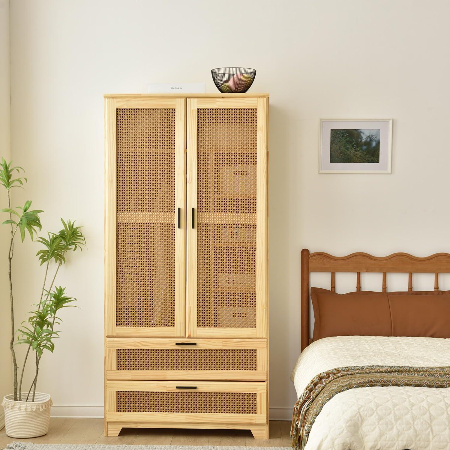Bay Isle Home™ Solid Pine Wood Rattan Closet with 2 Drawers