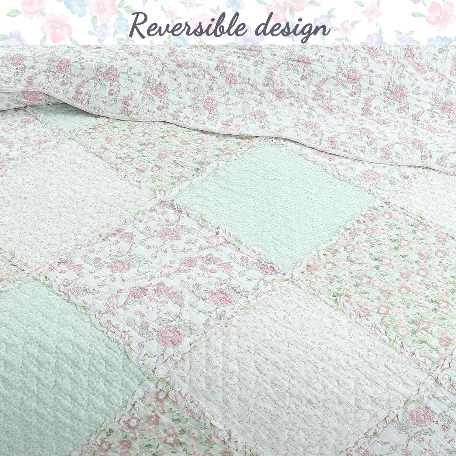 Cozy Line Pink Rosa Floral Real Patchwork 100% Cotton 2-Piece Reversible Quilt Bedding Set, Twin