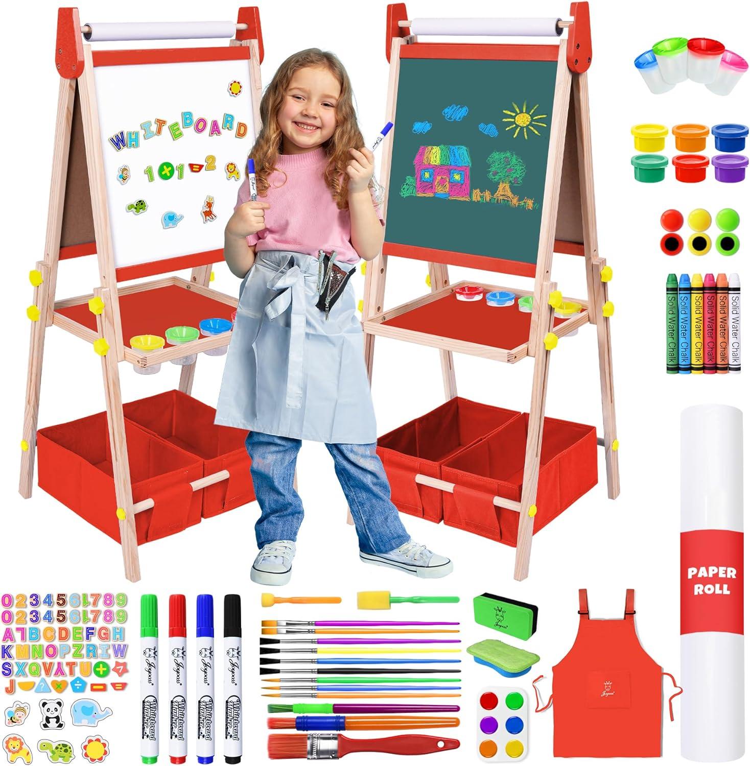 Joyooss Kids Wooden Art Easel with Paper Roll,Double Sided Whiteboard & Chalkboard Children Easel,Adjustable Height