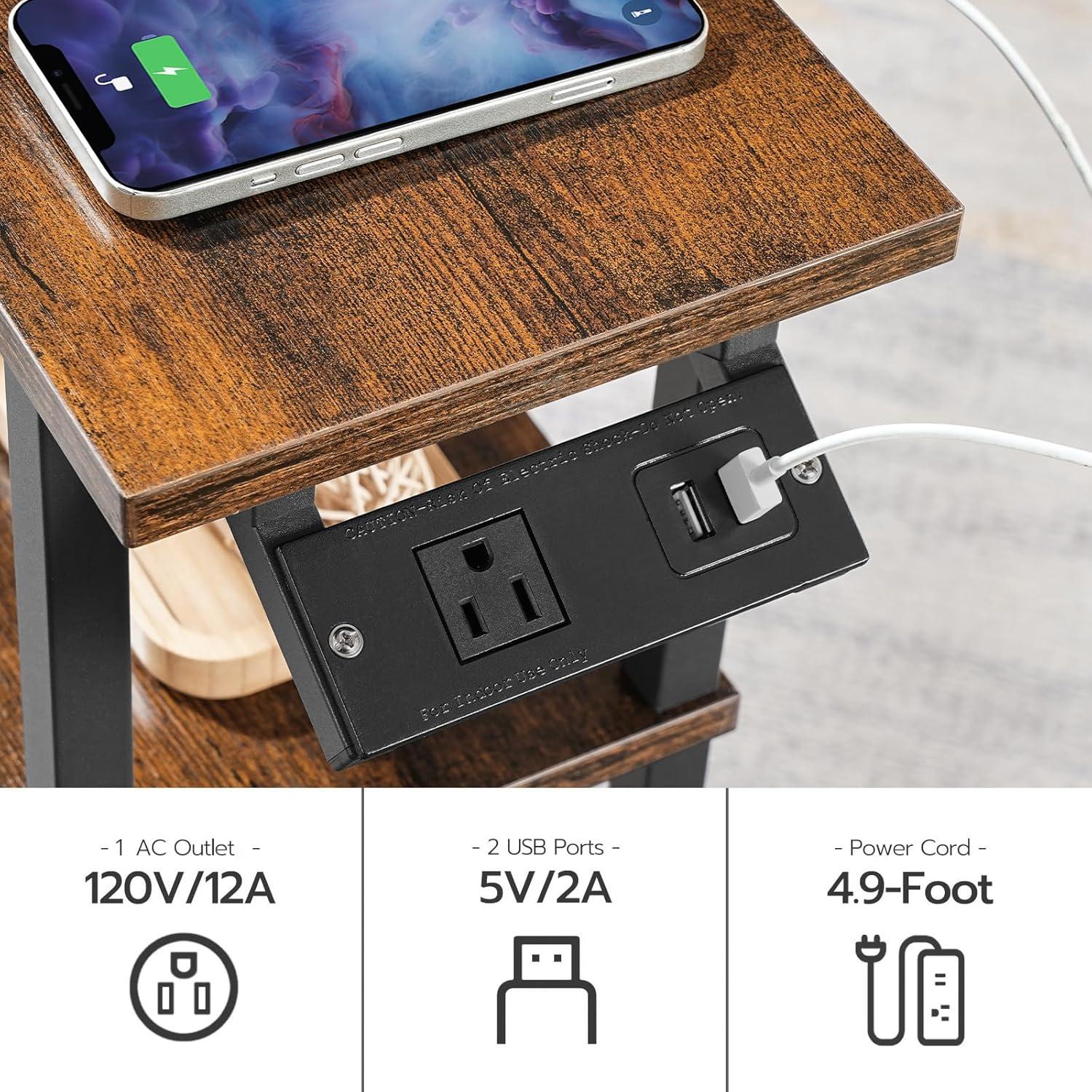 HOOBRO Small Narrow Side Table with Charging Station, Skinny End Table for Small Spaces, Slim Nightstand with USB Ports and Outlet, Sofa Beside Table on Wheels for Living Room BF122UBZ01