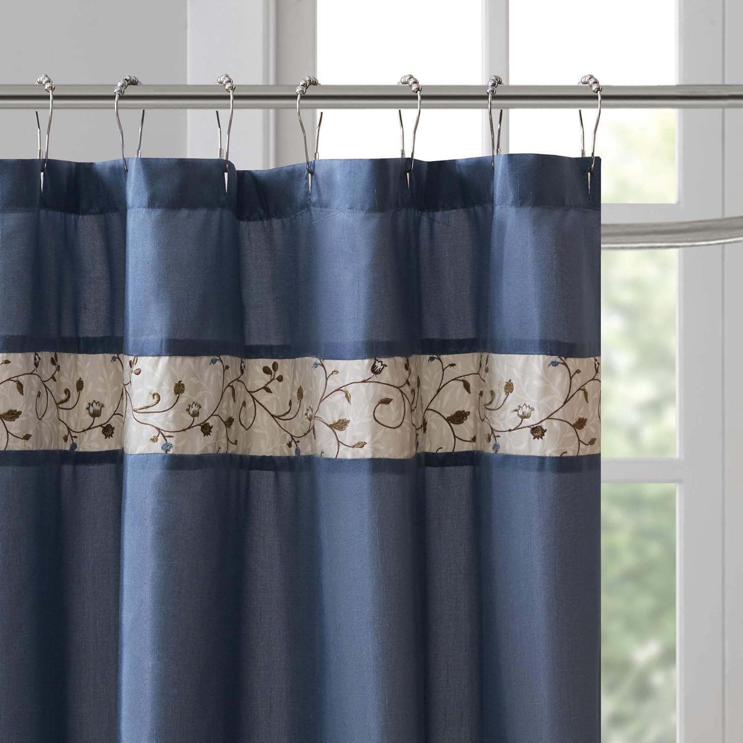 Monroe Embroidered Floral Shower Curtain Navy - Madison Park: 100% Polyester, Faux Silk, Machine Washable