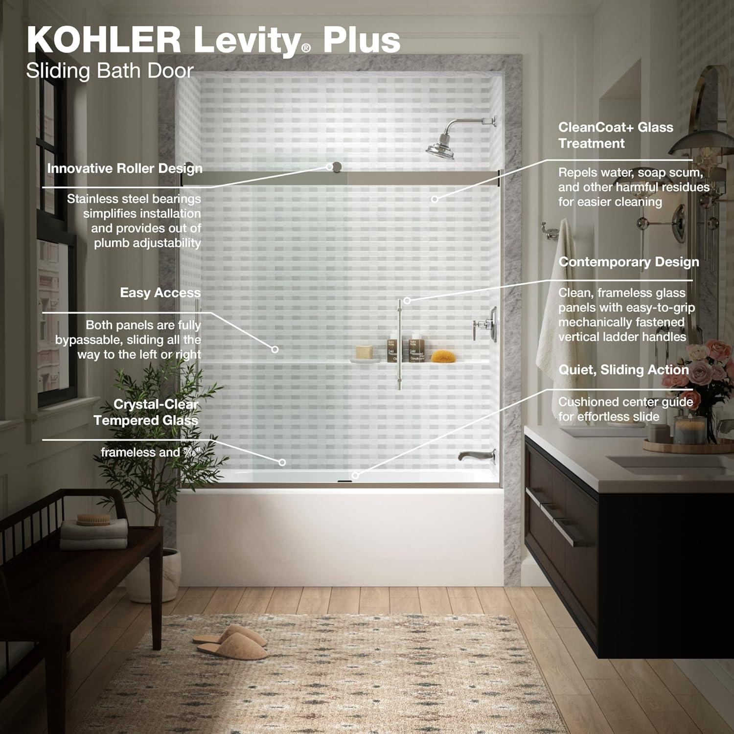 Levity Plus Less Sliding Bath Door, 61-9/16 In. H X 56-5/8 - 59-5/8 In. W, With 5/16 In.-Thick Crystal Clear Glass