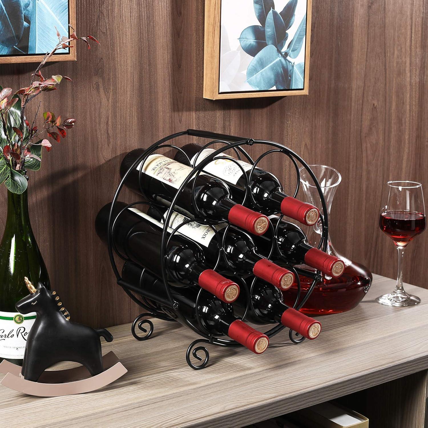 Black Metal Circular 7-Bottle Countertop Wine Rack