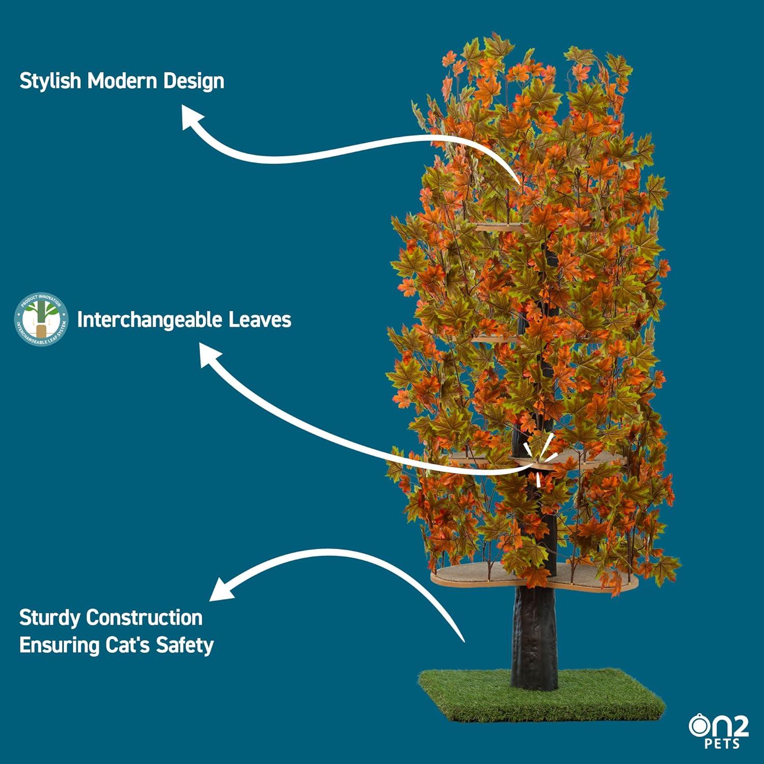 On2Pets Cat Tree with Leaves, XL Cat House & Cat Activity Tree Bundle with Mixed Maple Leaves, Multi-Level Cat Condo for Indoor Cats