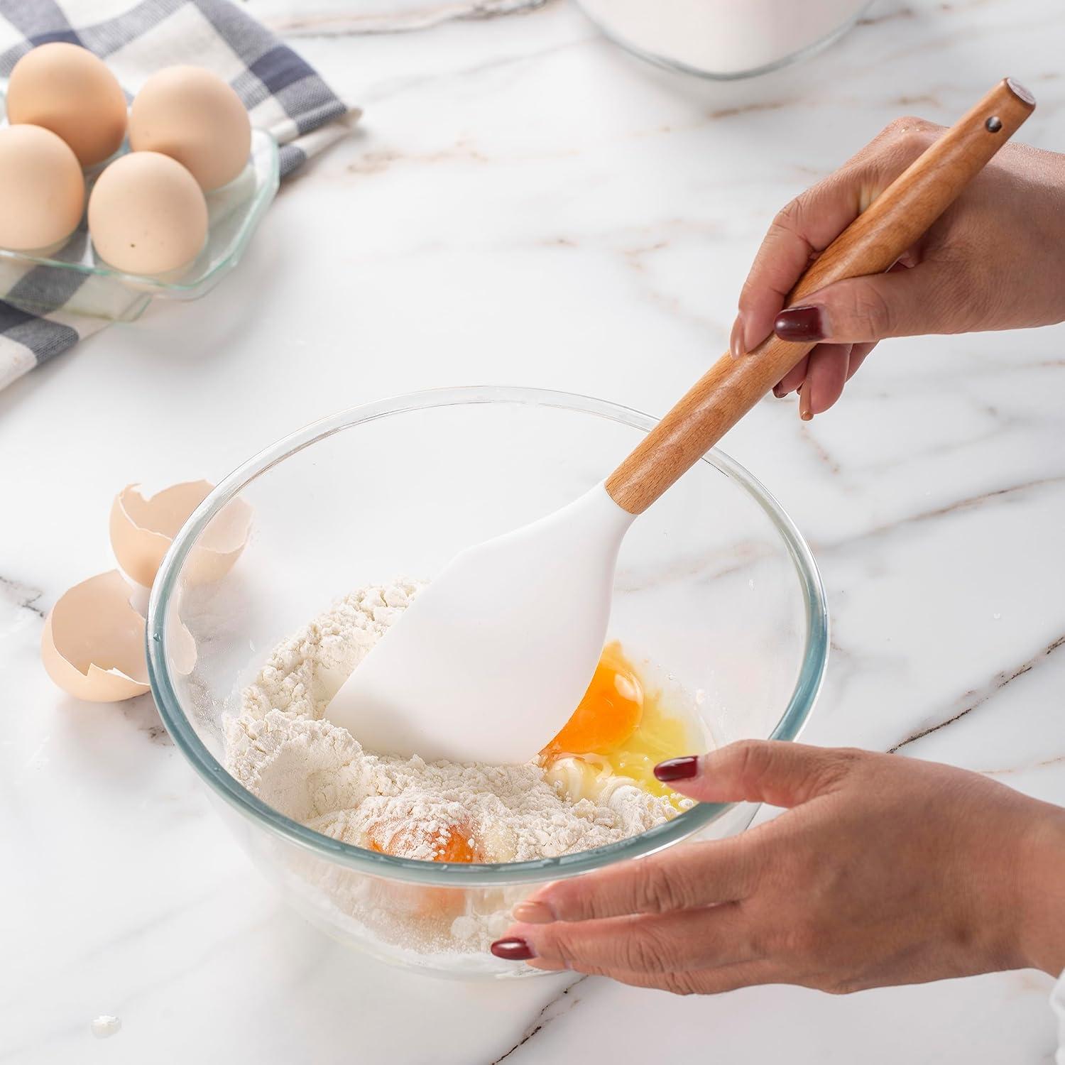 14pcs Kitchen Silicone Cooking Utensils Set,Non-Stick,Wooden Handle,White