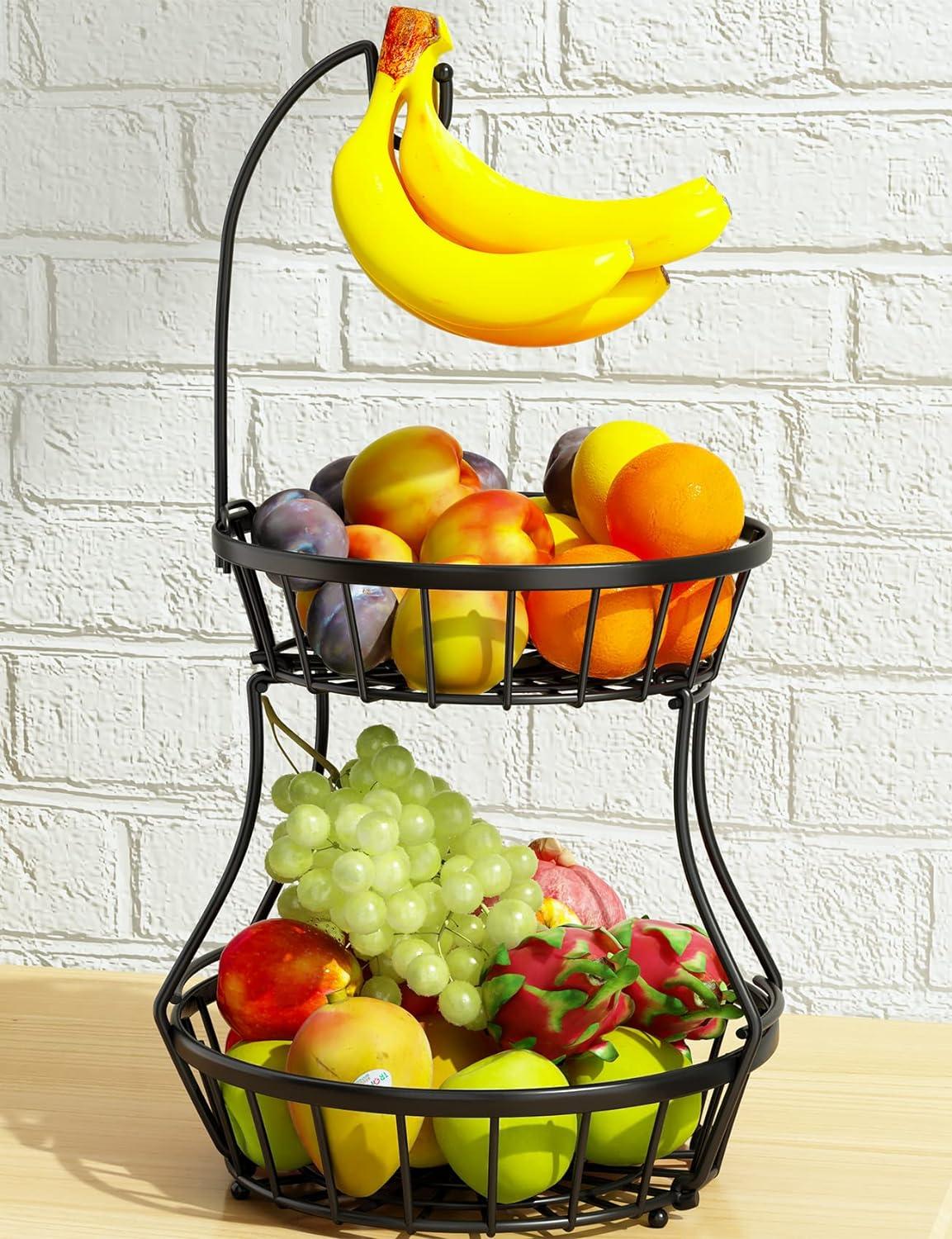 Black Metal 2-Tier Fruit Basket with Banana Hanger