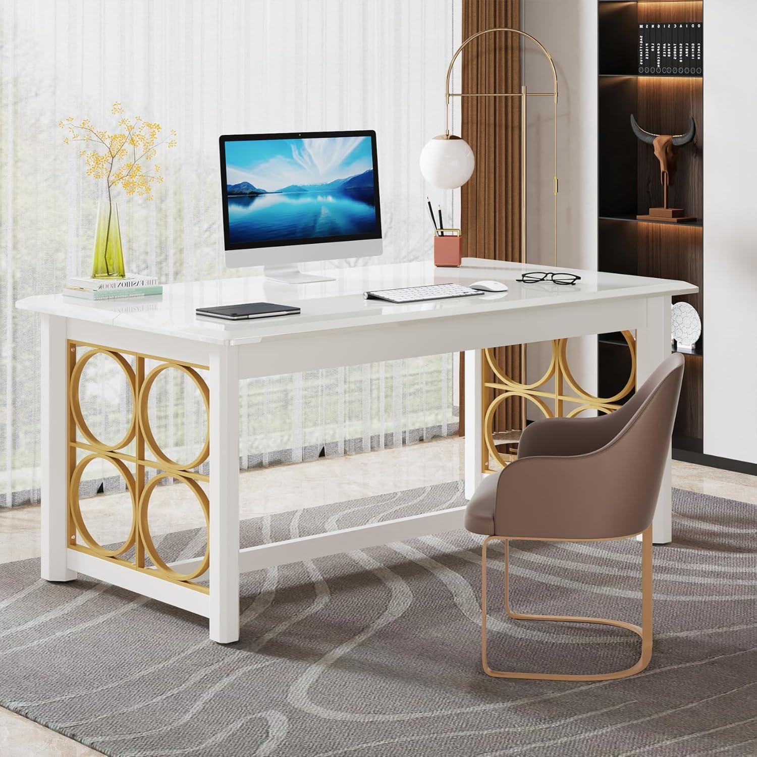 Glossy White and Gold Executive Office Desk with Geometric Design