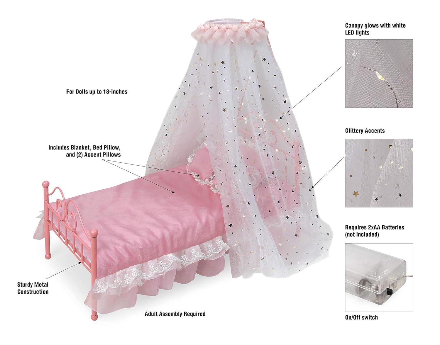 Badger Basket Starlights LED Canopy Metal Doll Bed with Bedding - Pink