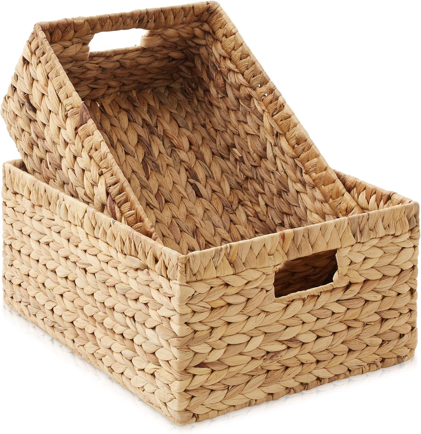 Casafield Water Hyacinth Storage Basket Set with Handles - Woven Organizers for Bathroom, Laundry, Pantry, Office, Shelves