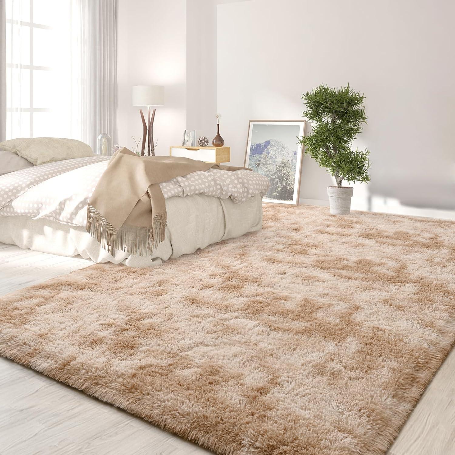 FlyDOIT Large Area Rugs for Living Room, 5x8 Feet Tie-Dyed Beige Shaggy Rug Fluffy Throw Carpets, Ultra Soft Plush Modern Indoor Fuzzy Rugs for Bedroom Girls Kids Nursery Room Dorm Home Decor