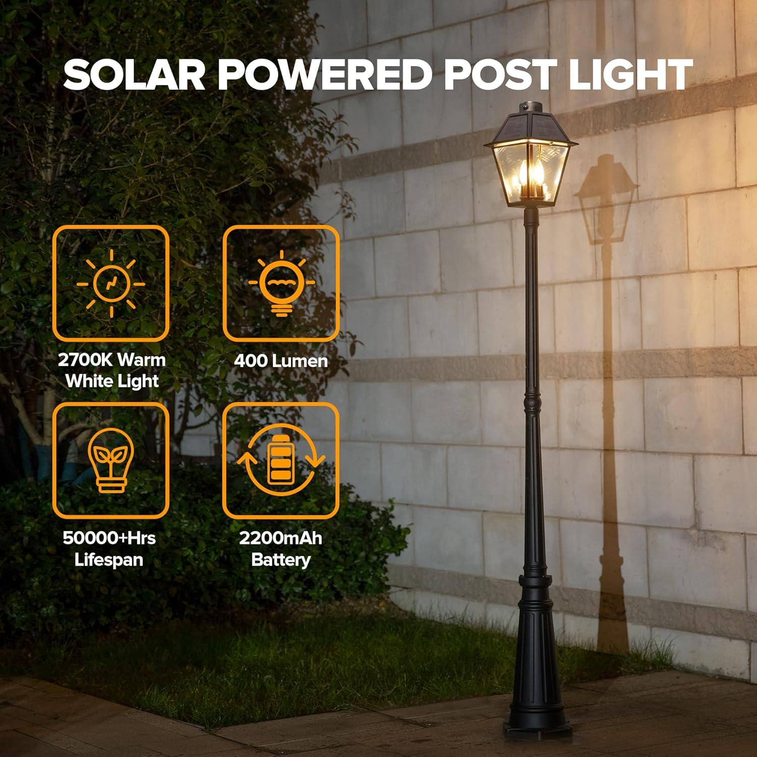 Black Aluminum Solar LED Lamp Post with Clear Glass Shade