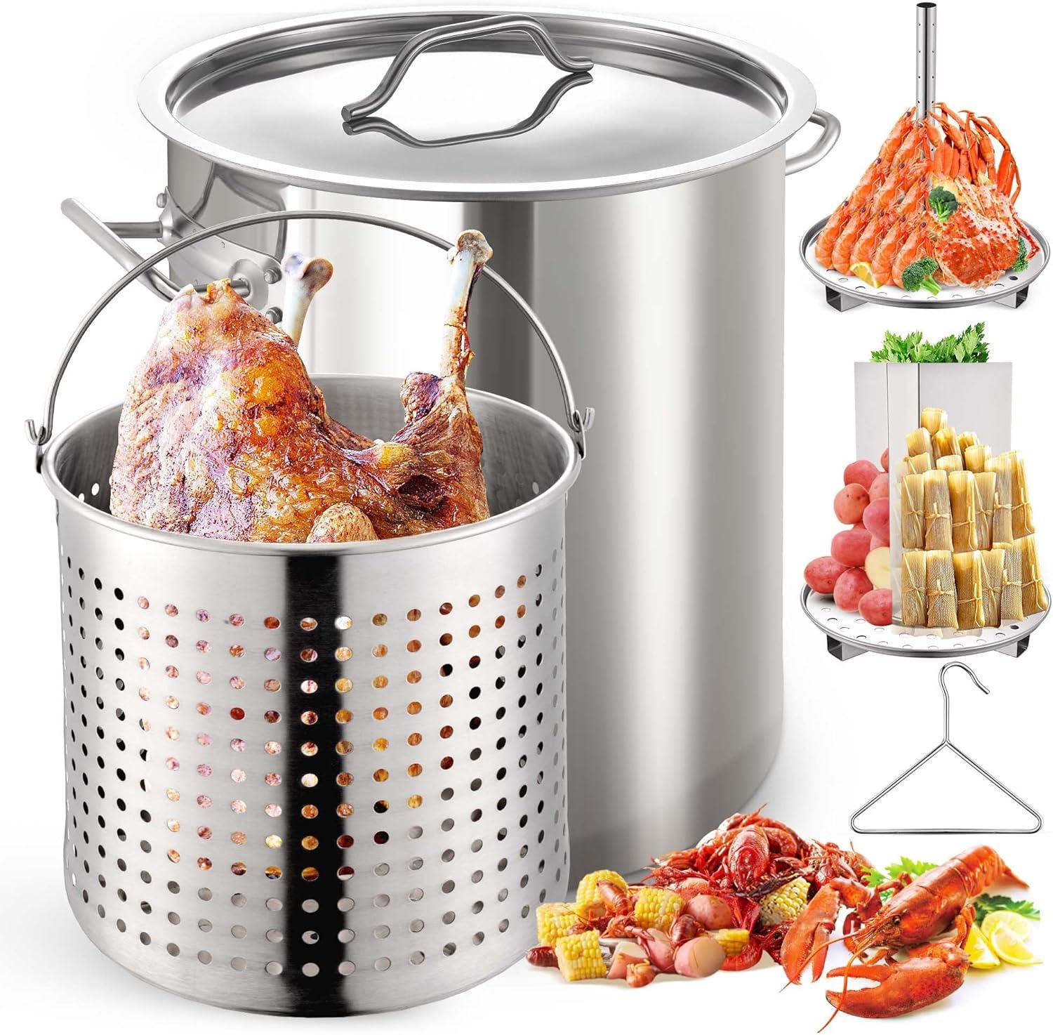 40QT Stainless Steel Stockpot with Basket and Steamer Insert