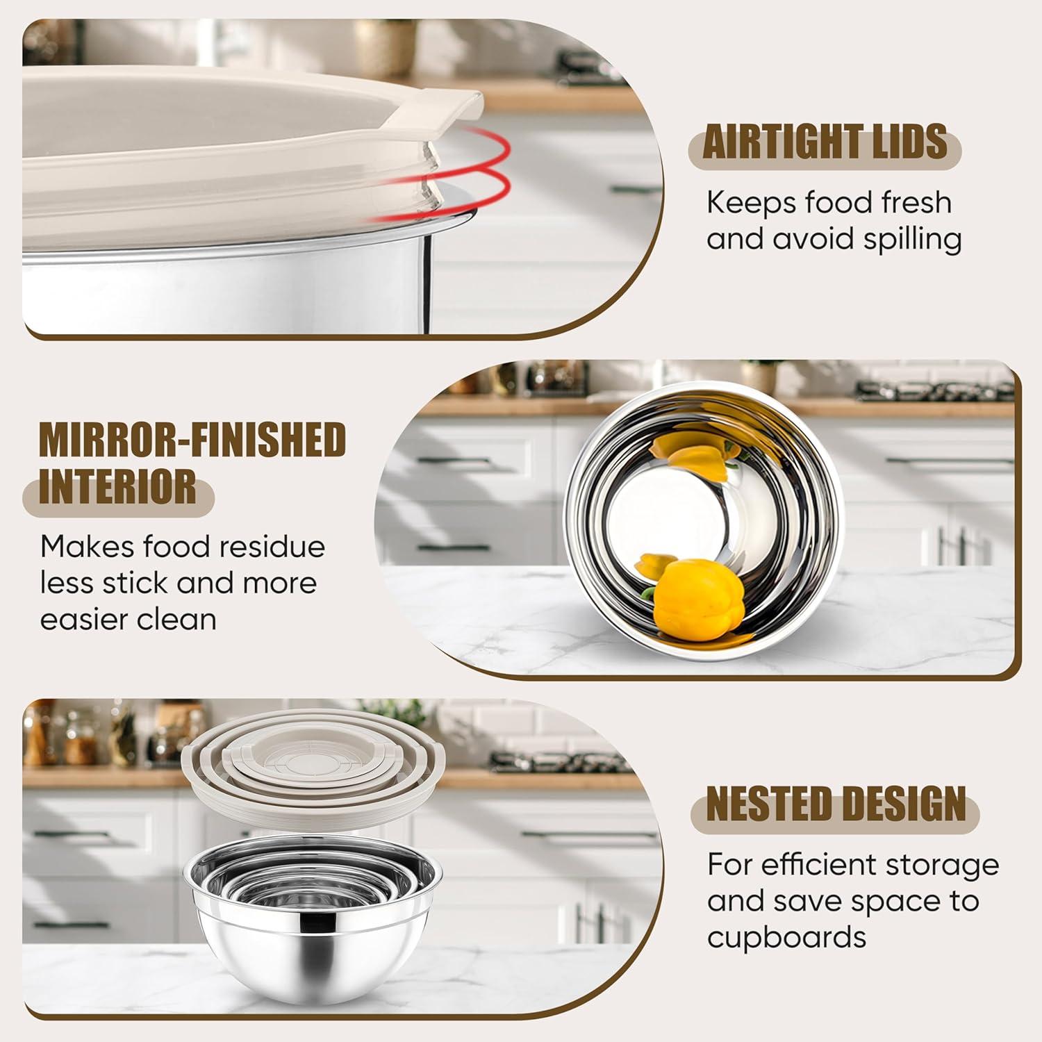 Toledo Bath & Kitchen Stainless Steel Mixing Bowls With Lids, 5-Pack Metal Nesting Bowls With Airtight Covers For Cooking, Baking, Serving, Storage, Non-Toxic & Dishwasher Safe, Size 4.6/3/1.5/1/0.7QT - Khaki