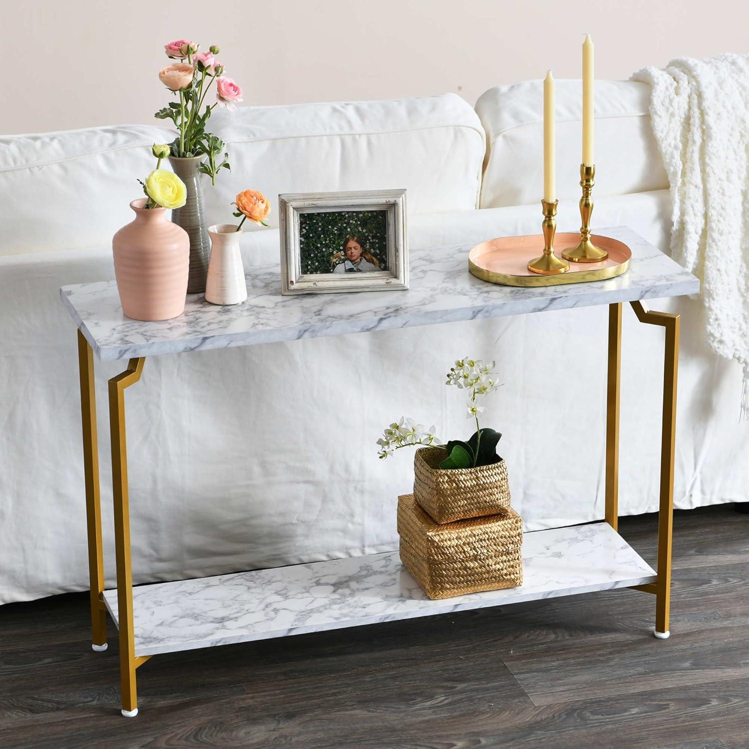 Crown Console Sofa Table with Storage Shelf White Marble and Gold Metal