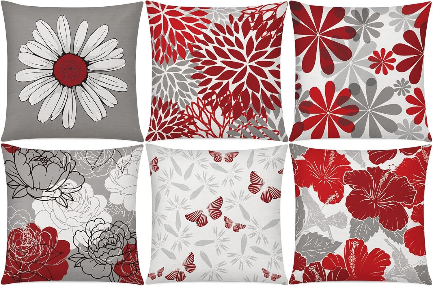 Red and Grey Cotton Daisy 18" Pillow Covers Set of 6