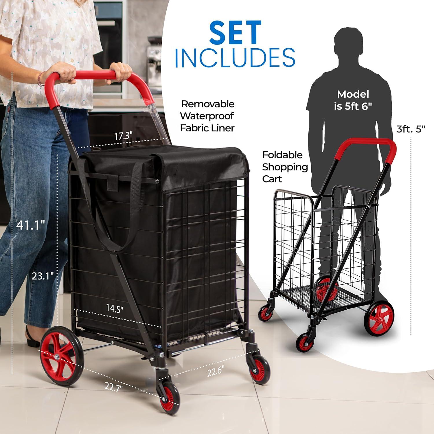 SereneLife Heavy Duty Foldable Shopping Cart with Removable Cart Liner - Red