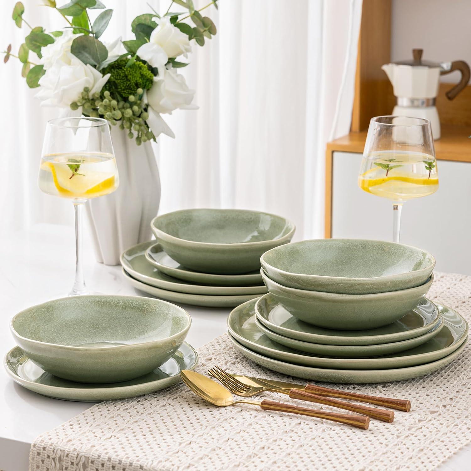 Olive Green and White Ceramic Dinnerware Set for 4