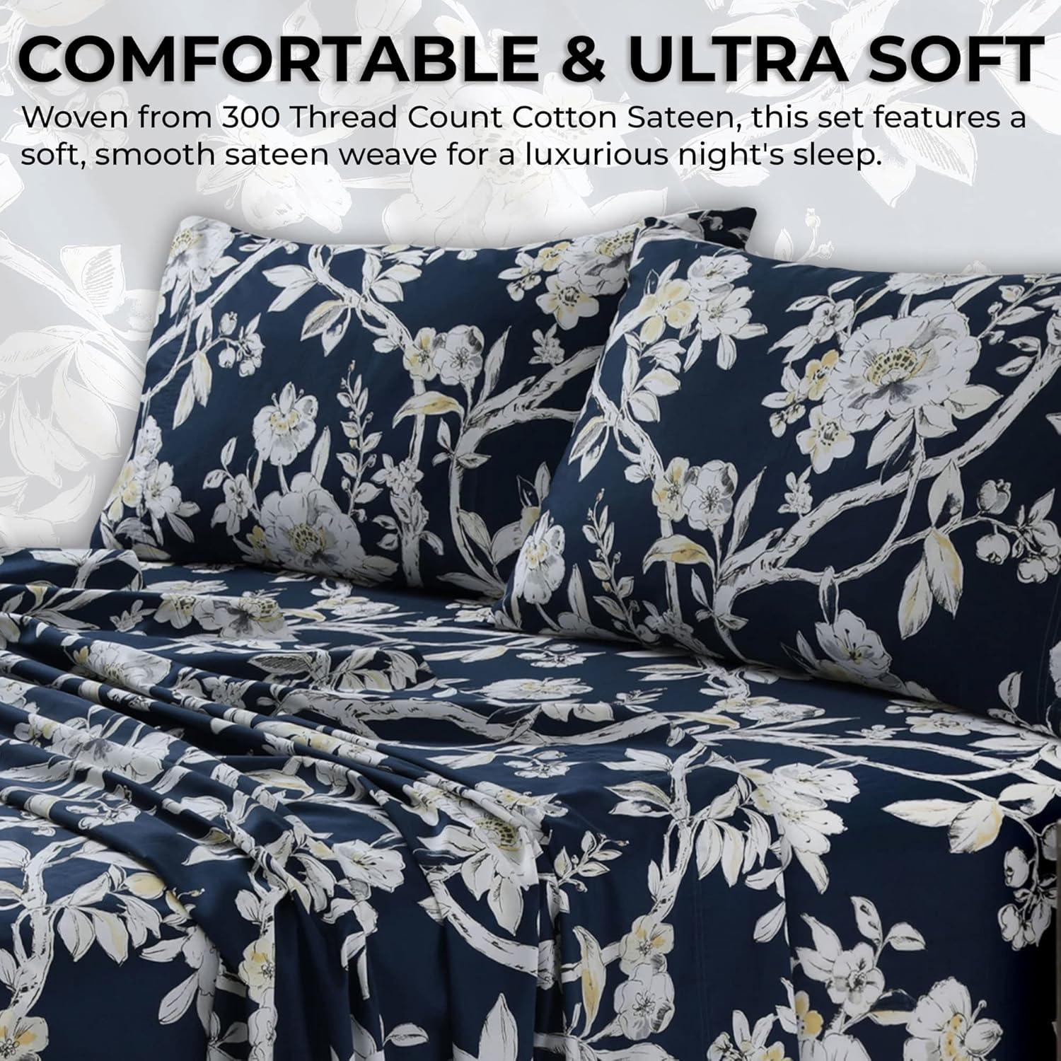 Tribeca Living Tribeca Living Printed 300 Thread Count Sheets 100% Egyptian-Quality Cotton With Sateen Weave Floral Sheet Set