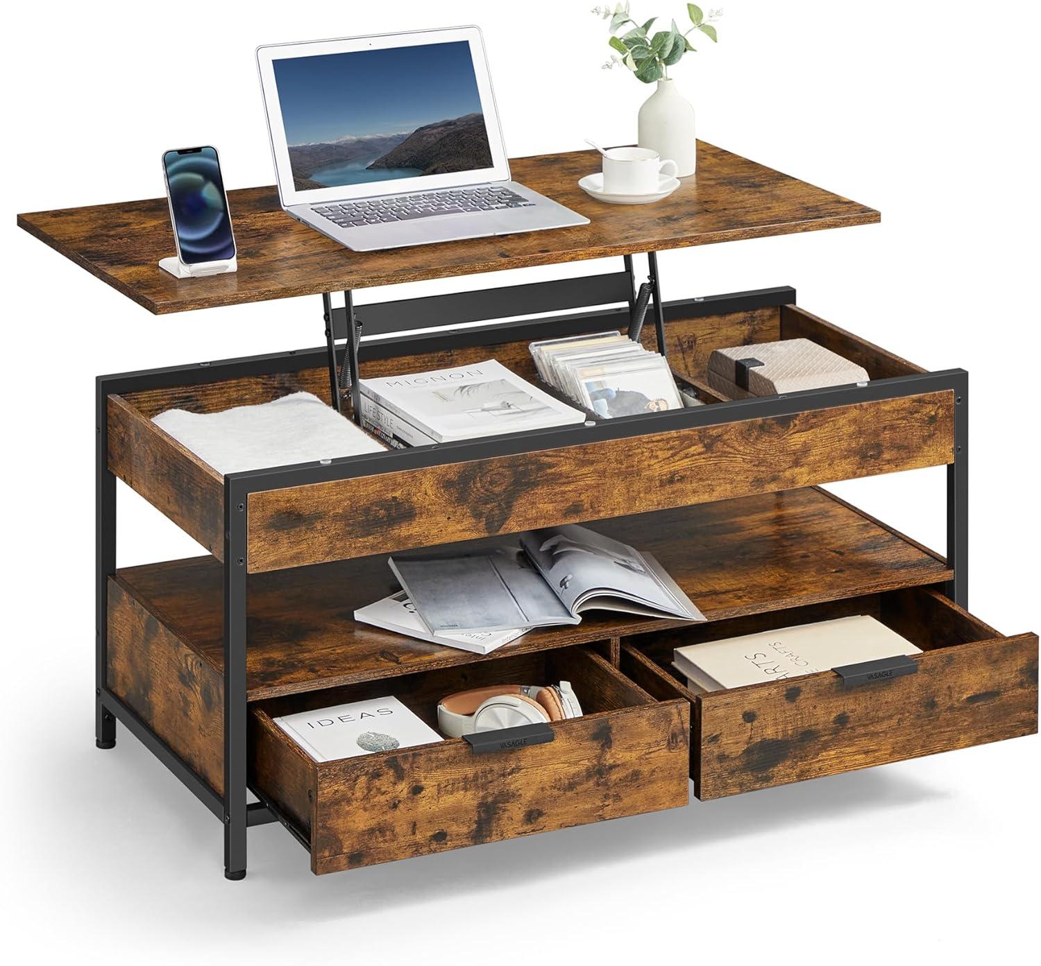 VASAGLE Lift Top Coffee Table with Storage Drawers, Coffee Table for Living Room with Lifting Top, Hidden Compartments and Open Shelf, Rustic Brown and Ink Black ULCT209K01