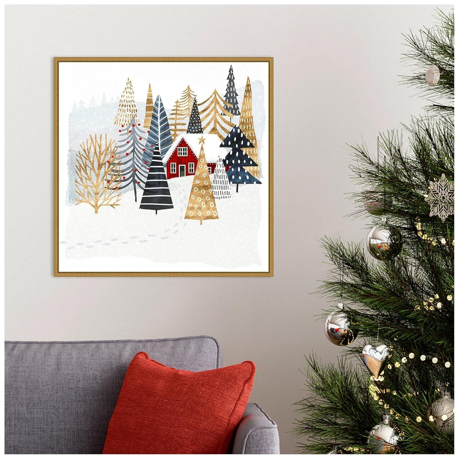 22" x 22" Christmas Chalet I Tree Framed Wall Canvas - Amanti Art