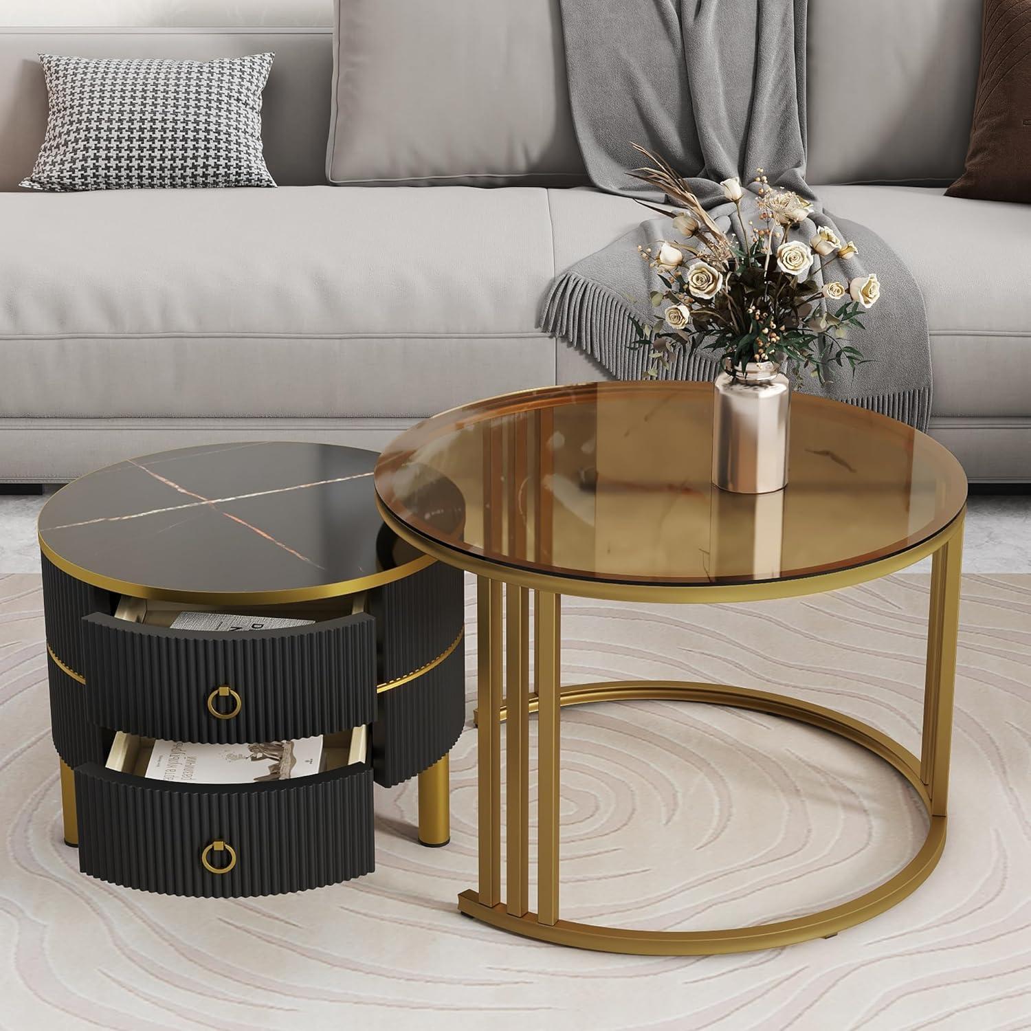 Modern Round Nesting Coffee Table Fluted with Drawer Multiple End Tables Utility Table Telephone Table for Living Room Office Bedroom Balcony, White & Gold