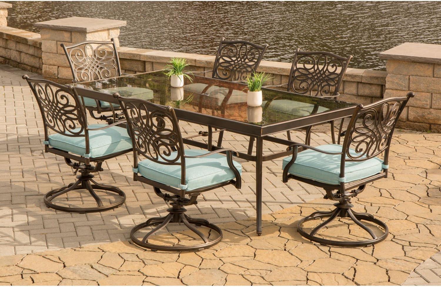 Hanover Traditions 7-Piece Dining Set in Blue with Extra Large Glass-Top Dining Table