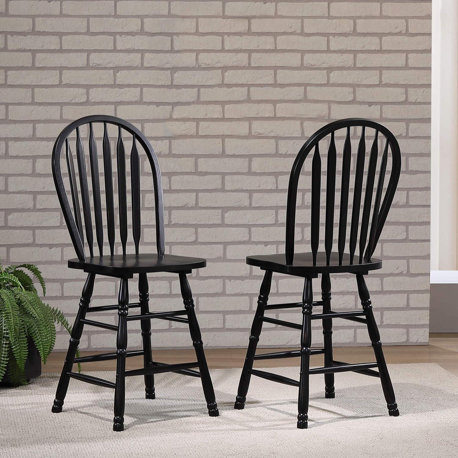 HomeStock Arrowback Retro Relaxation 24" Barstool , Distressed Black Solid Wood Counter Height Stool , Set Of 2