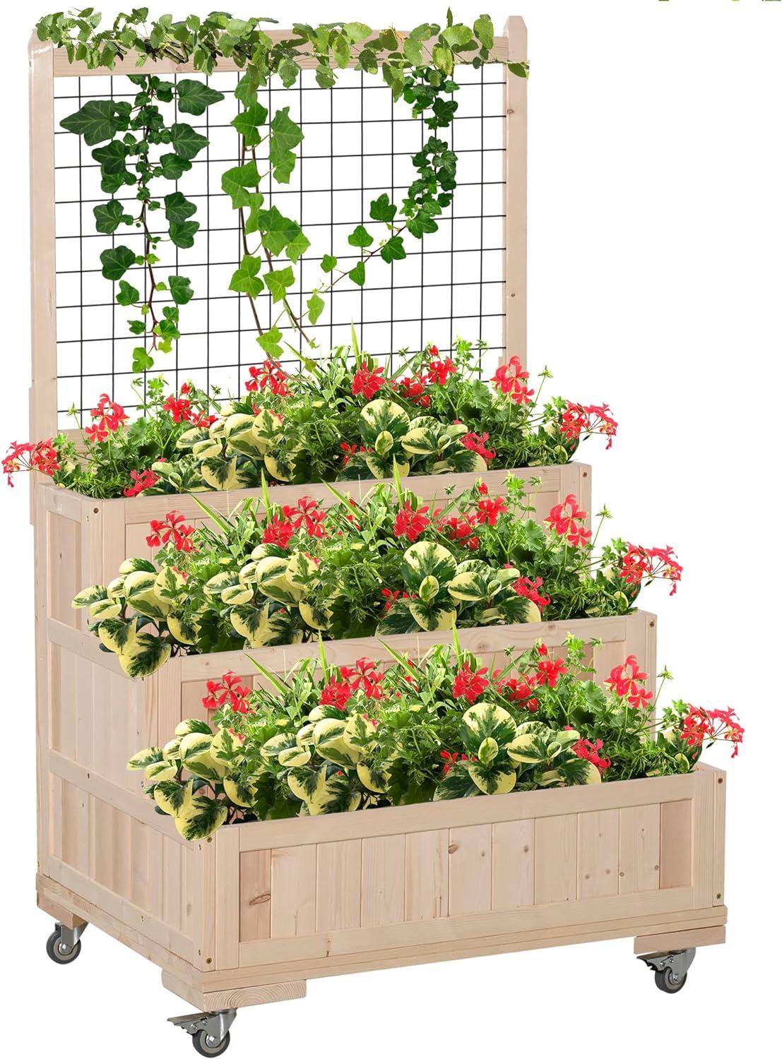 Natural Wood 3-Tier Raised Garden Bed with Trellis and Wheels