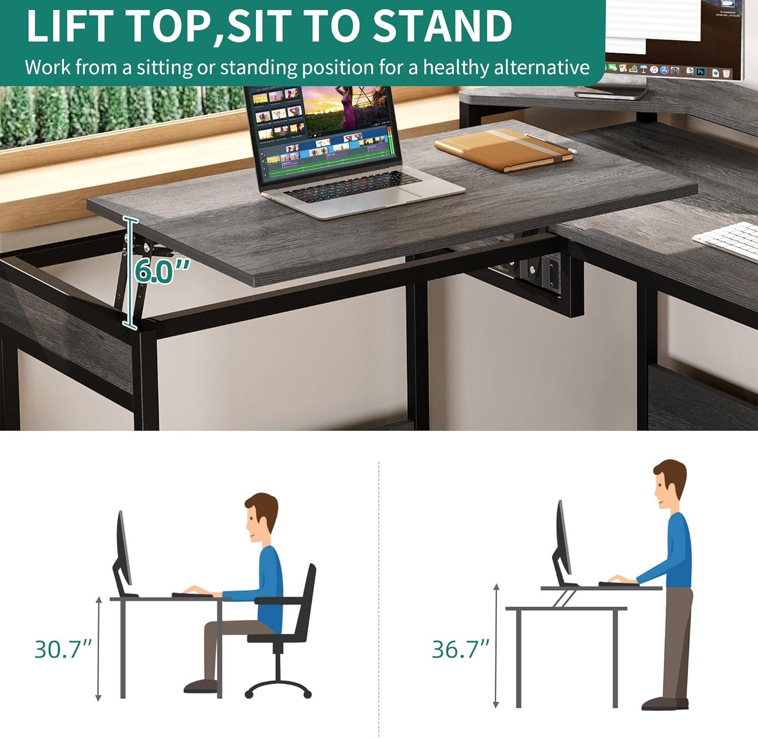 L Shaped Computer Desk with File Drawer, 65" L Shaped Desk with Monitor Stand, Height Adjustable Standing Desk , Gray