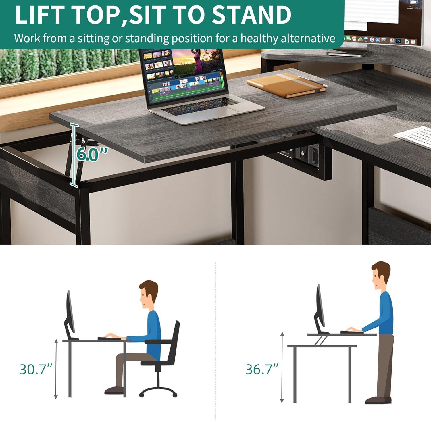 L Shaped Computer Desk with File Drawer, 65" L Shaped Desk with Monitor Stand, Height Adjustable Standing Desk , Gray
