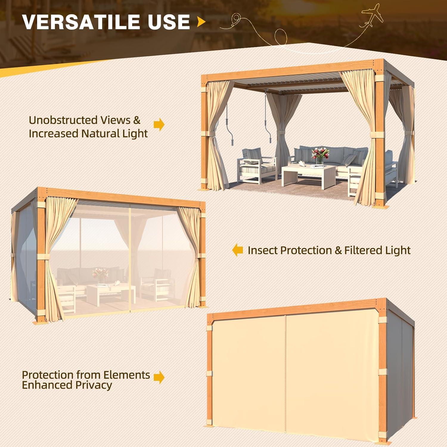 Erommy 10' x 12' Wood Grain Aluminum Pergola with Adjustable Roof