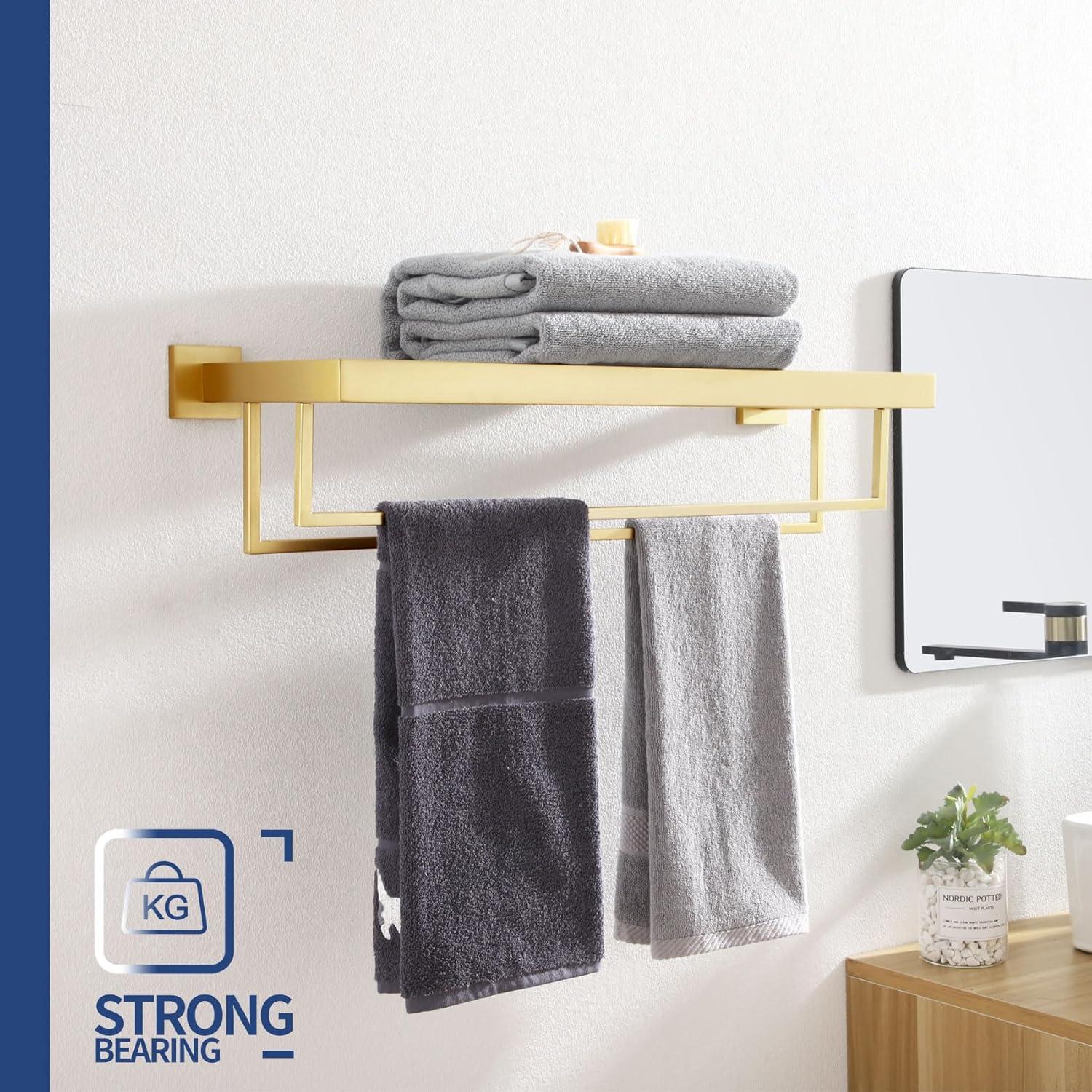 KOKOSIRI Towel Shelf Holder 24'' Bathroom Towel Rack with Two Bath Towel Bars Rails SUS304 Stainless Steel Wall Mount, Brushed Gold, B6003BG