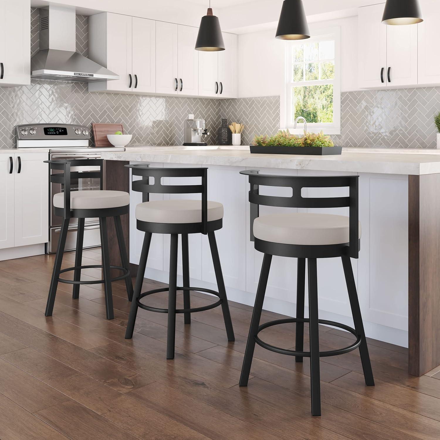 Amisco Render Upholstered Counter Height Barstool Cream/Black: Modern Metal Design, Integrated Armrests, Faux Leather