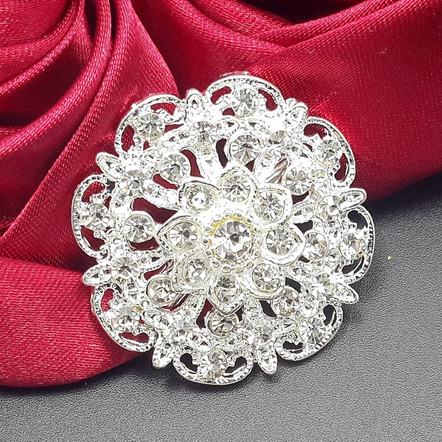 Elegant Silver and Gold Rhinestone Flower Brooch Set