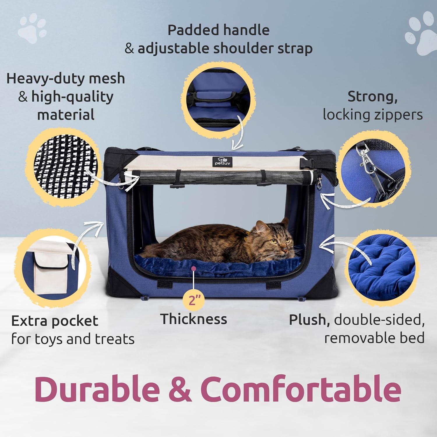 PetLuv Cat & Dog Carrier Foldable Pet Travel Crate, Removable Plush Pillow, Privacy Windows, Locking Zippers, Pocket, Seatbelt Straps, Medium Red