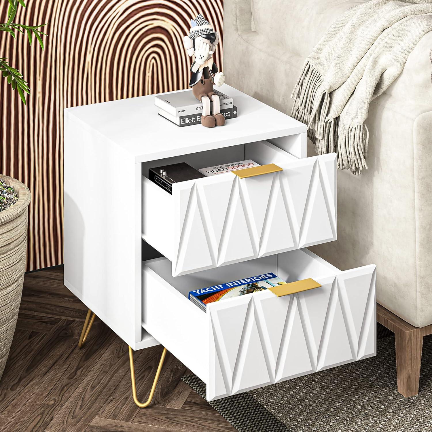 White and Gold Nightstand Set of 2,Modern Bedside Table with 2 Drawer for Bedroom,End Side Table with Gold Legs for Living Room,White Night Stand Set 2 for Bedroom
