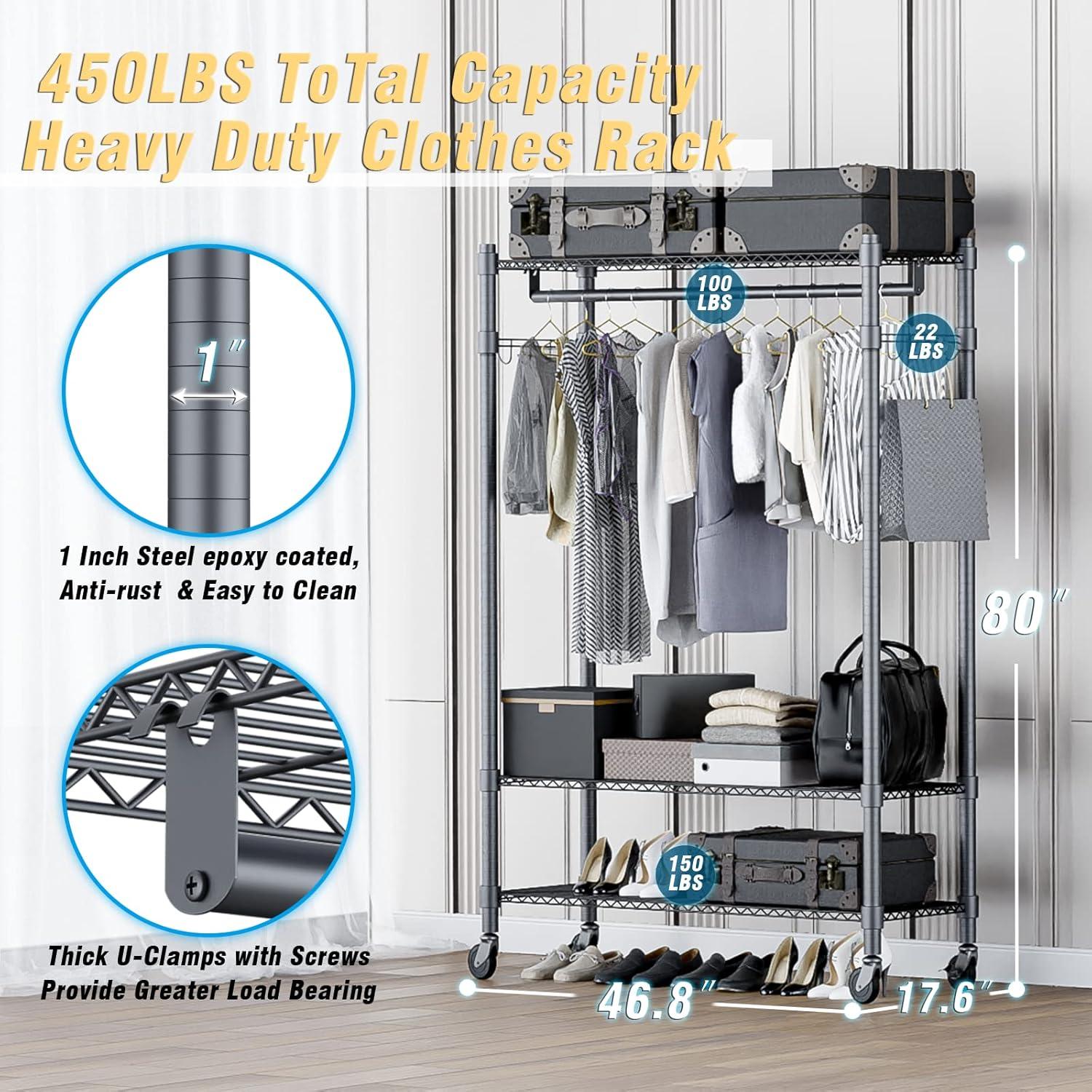 Gray Industrial Metal 3-Shelf Rolling Garment Rack with Hooks