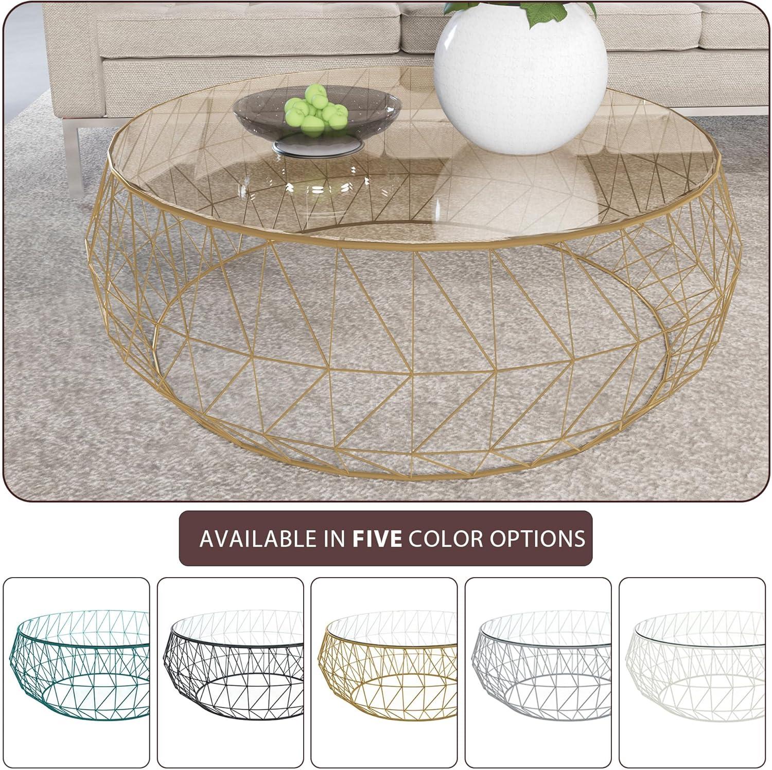 LeisureMod Malibu Modern Round Glass Top Coffee Table With Metal Base