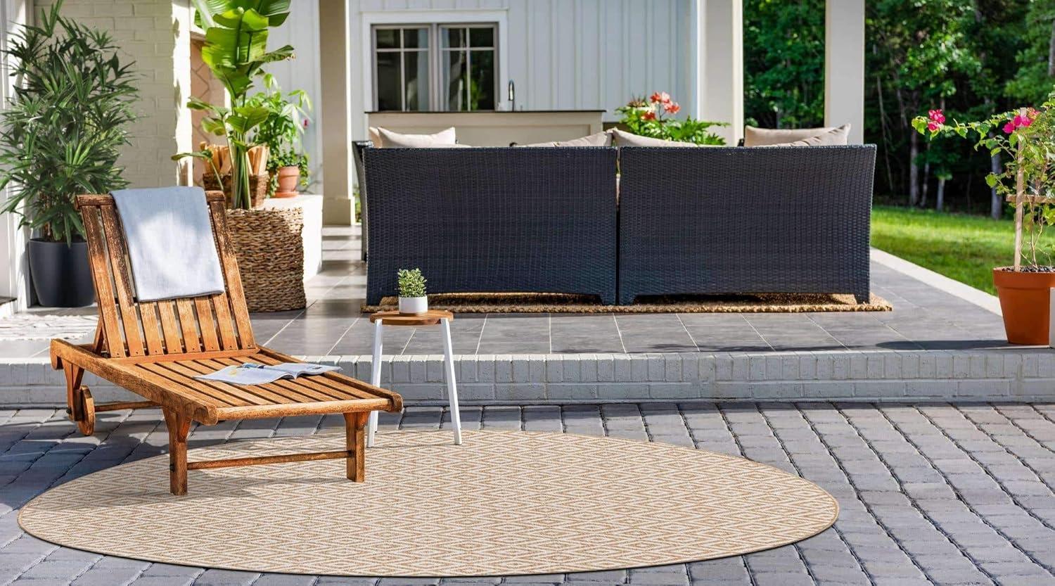 Beige Geometric Round Stain-Resistant Outdoor Rug