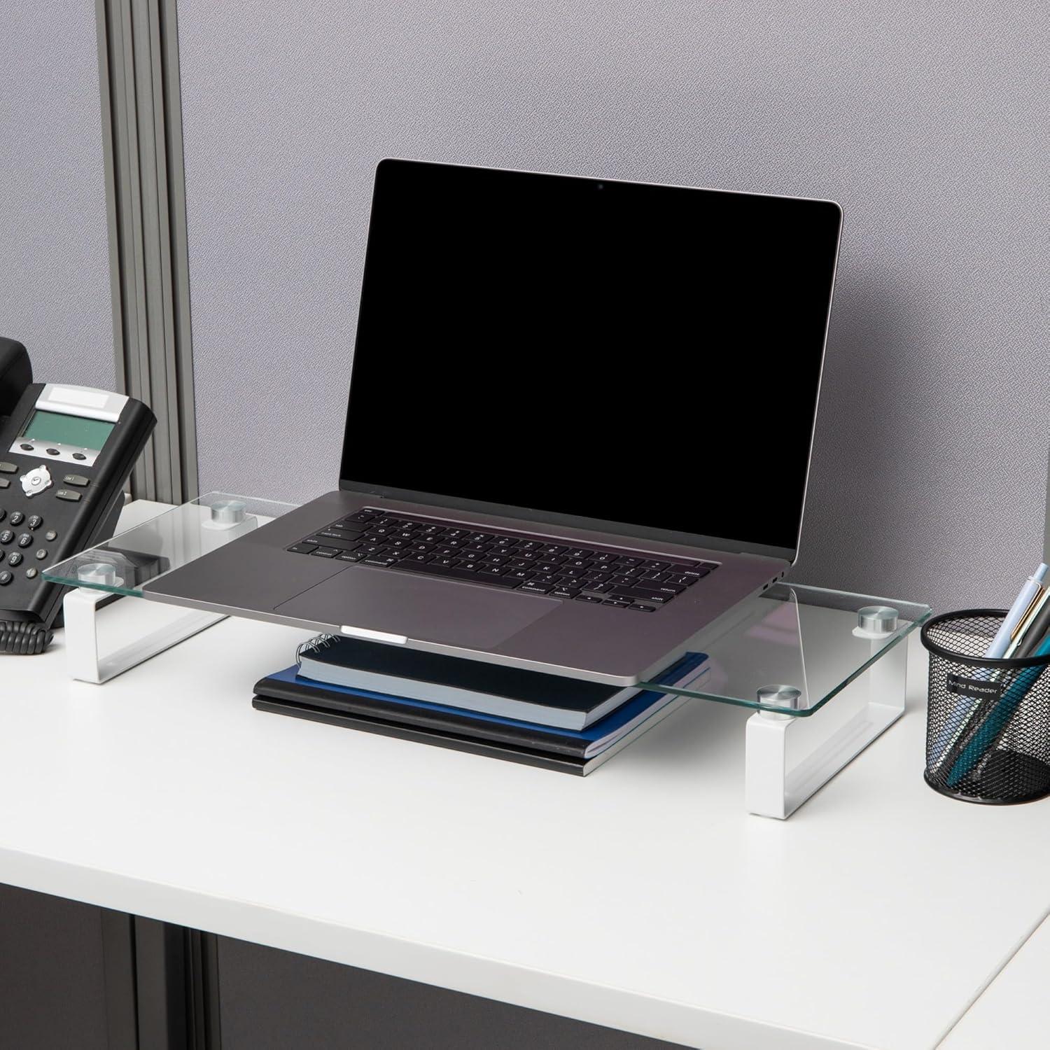 Mind Reader Monitor Stand Office Glass Clear: Desk Organizer & Office Supplies, Metal Monitor Riser, 24.45" x 8.66"