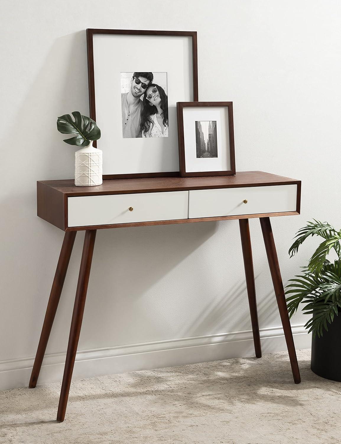 Kate and Laurel Finco Midcentury Modern Style 2 Drawer Console Table, Walnut Brown and White Finish with Brass Hardware