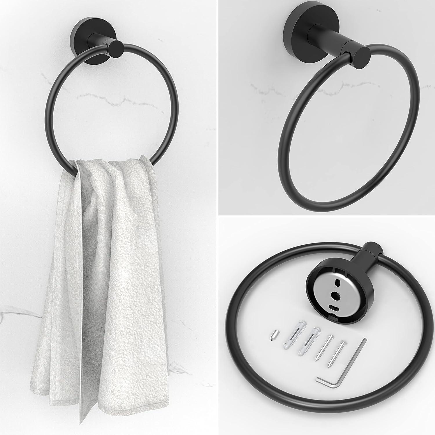 6 PCS Bathroom Hardware Set, Including 16" Hand Towel Bar, Toilet Paper Holder, Towel Ring, Robe Towel Hooks, Bathroom Accessories Kit(Matte Black)