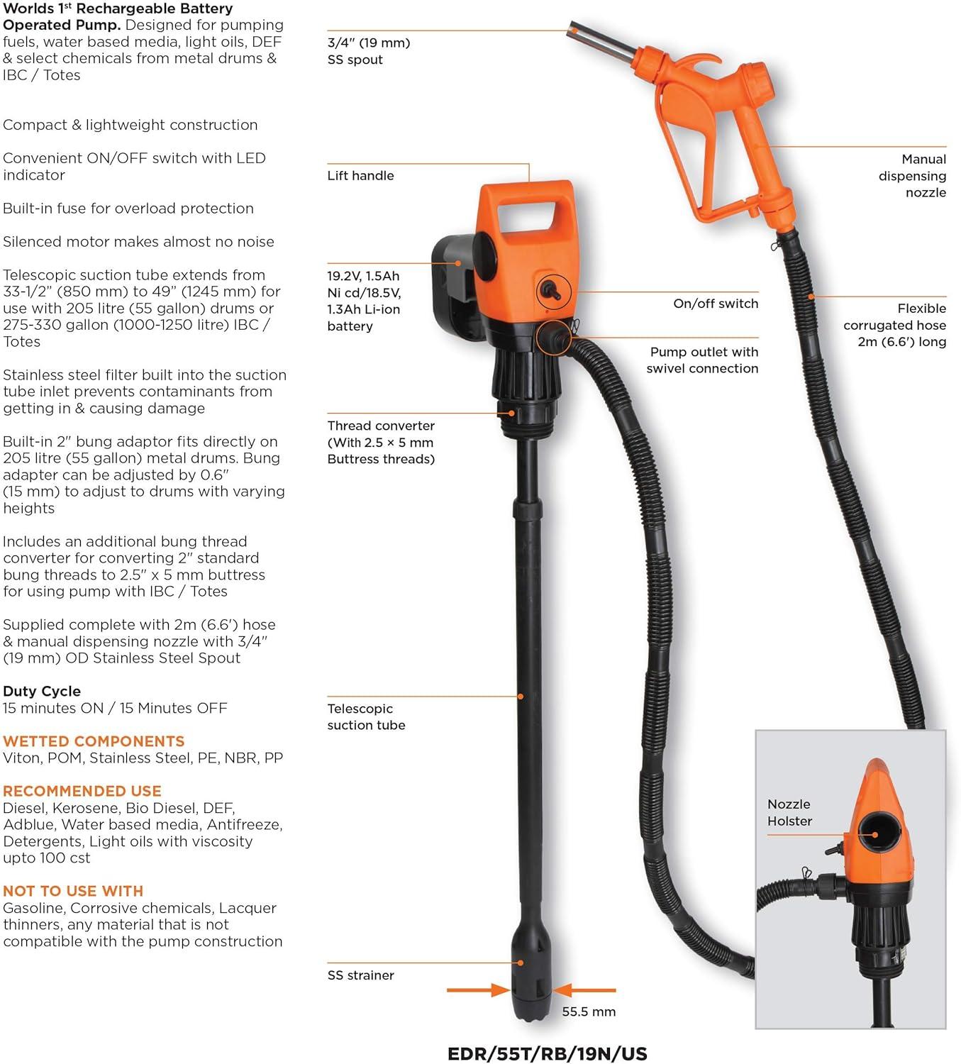 GROZ Electric Drum Pump | 12V DC | Adjustable 33.5-49" Tube for 55 Gal Drums | Multi-Fluid Transfer (45503)