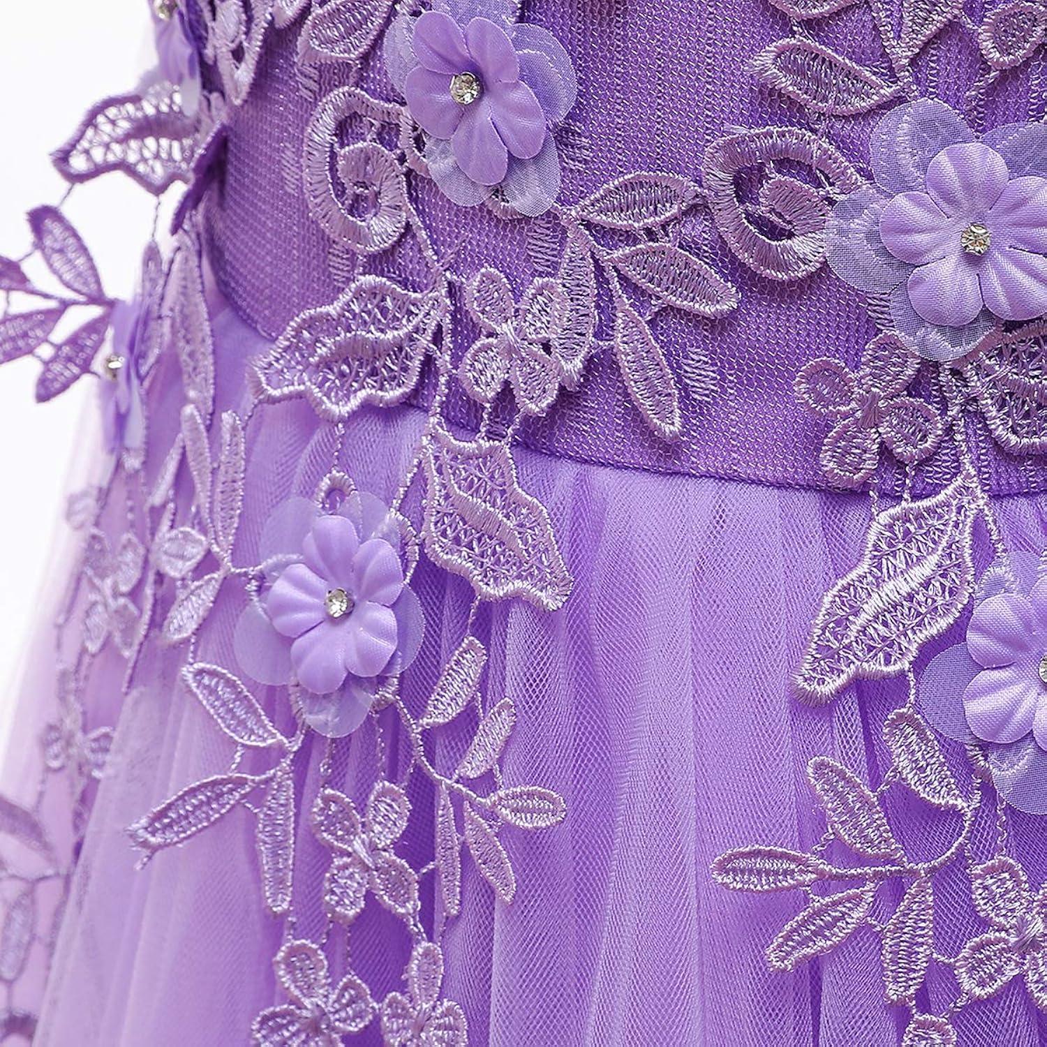 IBTOM CASTLE Flower Girl Princess Floral Boho Lace Embroidered Pageant Dresses for Kids Party Wedding Puffy Communion Maxi Gown 11-12 Years Purple
