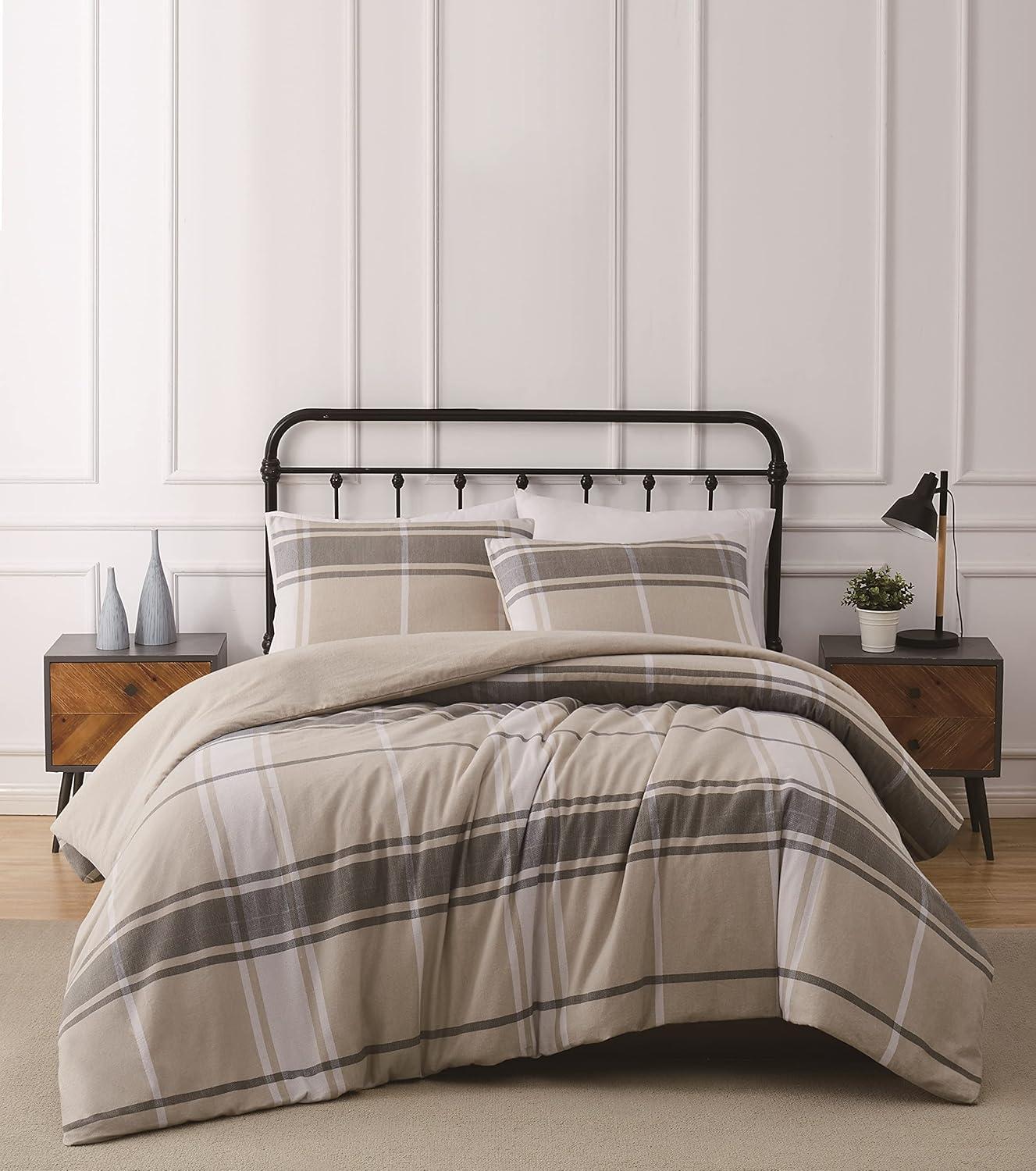 Gray Plaid Cotton Full Bedspread Set with Down Alternative