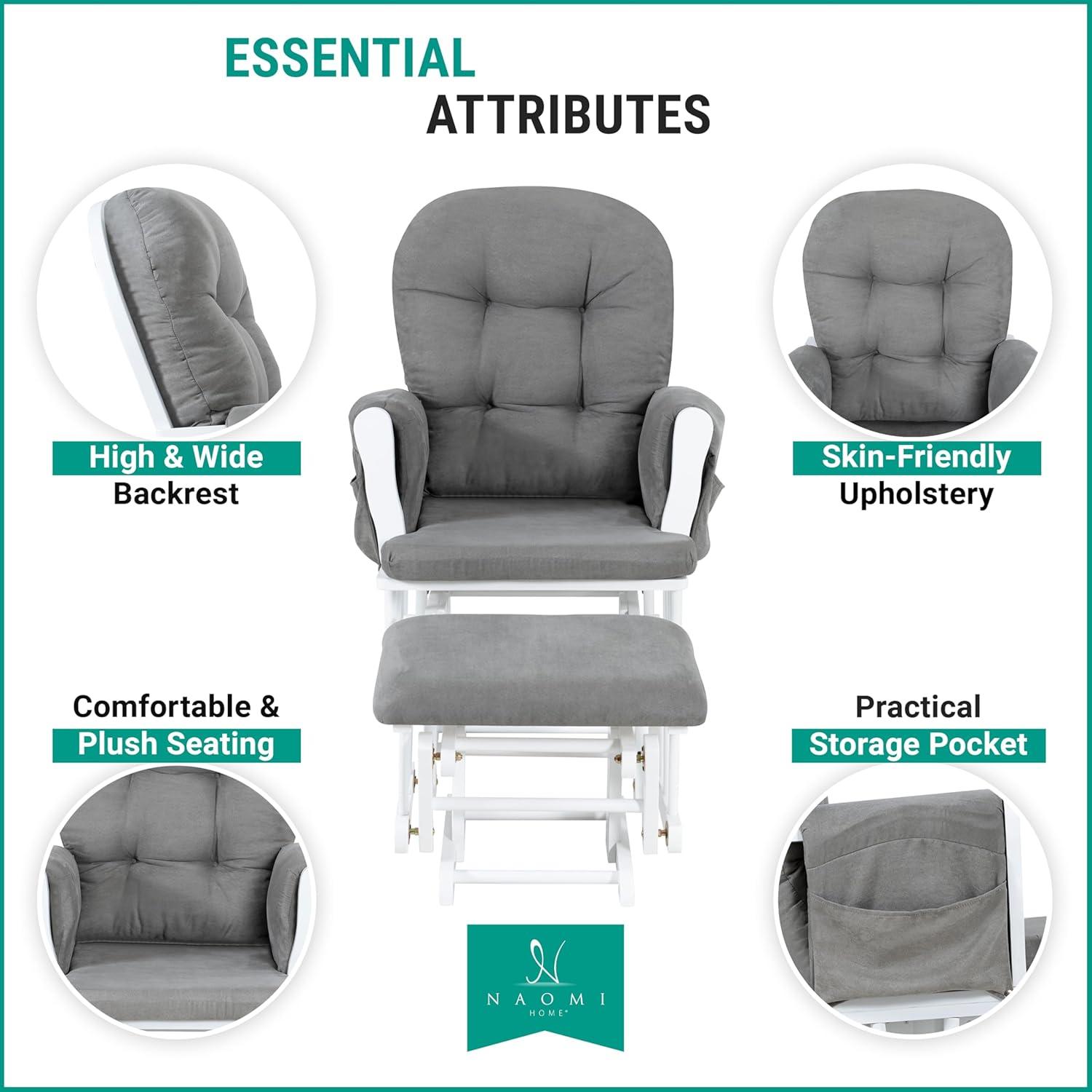 Nursery Glider & Ottoman Sets, Reclining Swivel Glider Rocker with Ottoman, Nursery Rocking Chair for Baby Room, Upholstered Nursery Recliner Glider with Ottoman, Padded Arms - Dark Gray, White